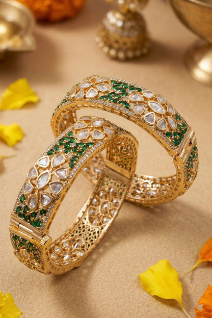Rose Gold Finish Kundan Polki & Ruby Stone Bangles (Set Of 2)