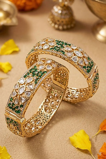 Rose Gold Finish Kundan Polki & Ruby Stone Bangles (Set Of 2)