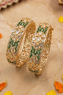 Rose Gold Finish Kundan Polki & Ruby Stone Bangles (Set Of 2)