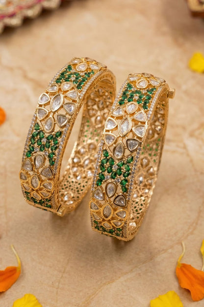 Rose Gold Finish Kundan Polki & Ruby Stone Bangles (Set Of 2)