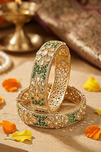 Rose Gold Finish Kundan Polki & Ruby Stone Bangles (Set Of 2)