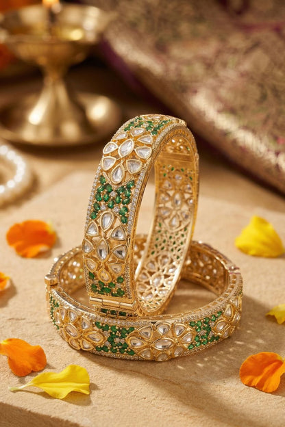Rose Gold Finish Kundan Polki & Ruby Stone Bangles (Set Of 2)