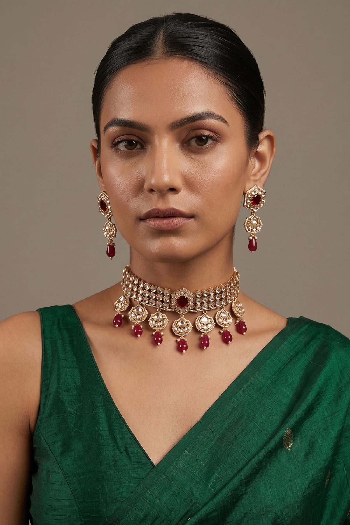 Gold Finish Kundan Polki & Ruby Stone Choker Necklace Set