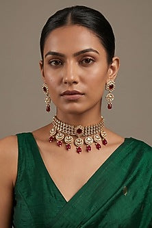 Gold Finish Kundan Polki & Ruby Stone Choker Necklace Set