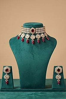 Gold Finish Kundan Polki & Ruby Stone Choker Necklace Set
