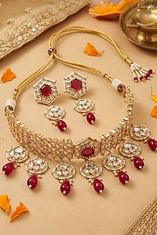 Gold Finish Kundan Polki & Ruby Stone Choker Necklace Set