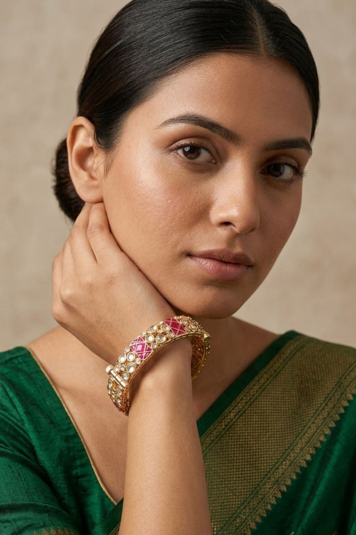 Gold Finish Kundan Polki & Red Stone Bangles (Set Of 2)
