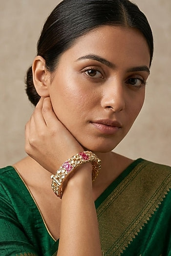 Gold Finish Kundan Polki & Red Stone Bangles (Set Of 2)