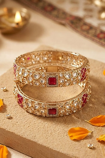 Gold Finish Kundan Polki & Red Stone Bangles (Set Of 2)