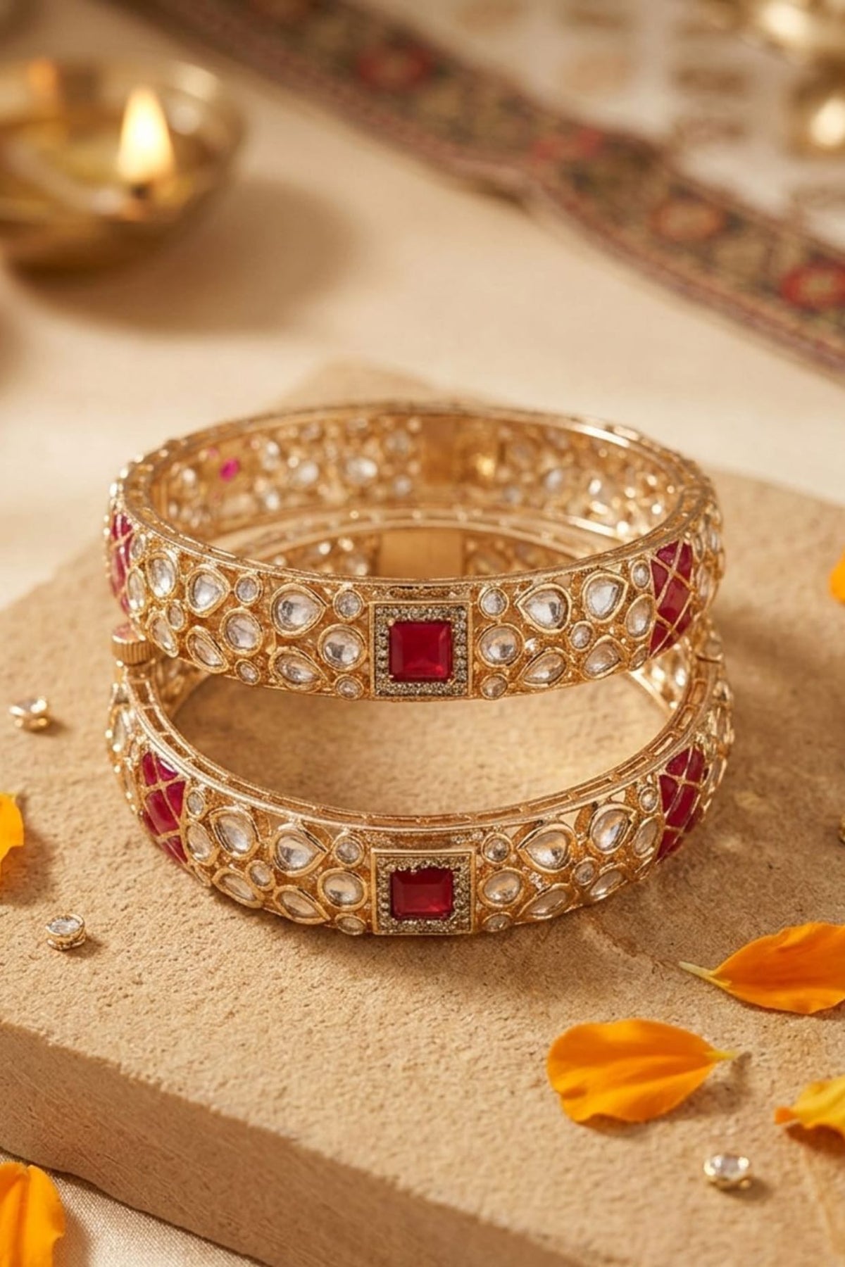 Gold Finish Kundan Polki & Red Stone Bangles (Set Of 2)