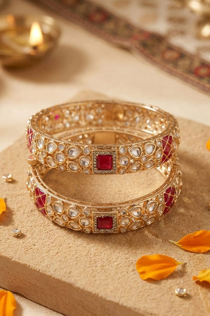 Gold Finish Kundan Polki & Red Stone Bangles (Set Of 2)