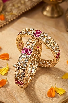 Gold Finish Kundan Polki & Red Stone Bangles (Set Of 2)