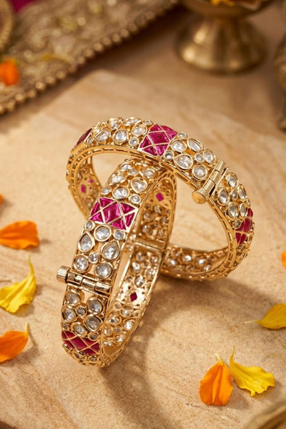 Gold Finish Kundan Polki & Red Stone Bangles (Set Of 2)