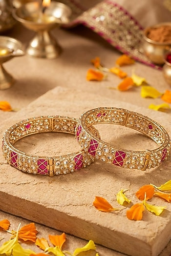 Gold Finish Kundan Polki & Red Stone Bangles (Set Of 2)