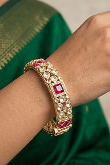 Gold Finish Kundan Polki & Red Stone Bangles (Set Of 2)