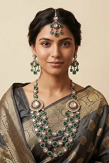 Victorian Finish Kundan Polki & Green Doublet Stone Layered Necklace Set