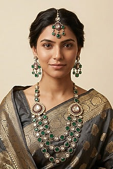 Victorian Finish Kundan Polki & Green Doublet Stone Layered Necklace Set