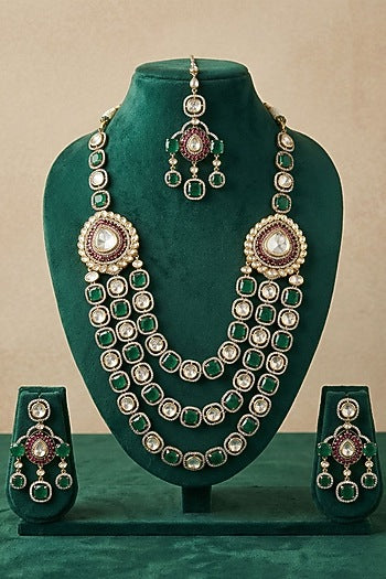 Victorian Finish Kundan Polki & Green Doublet Stone Layered Necklace Set