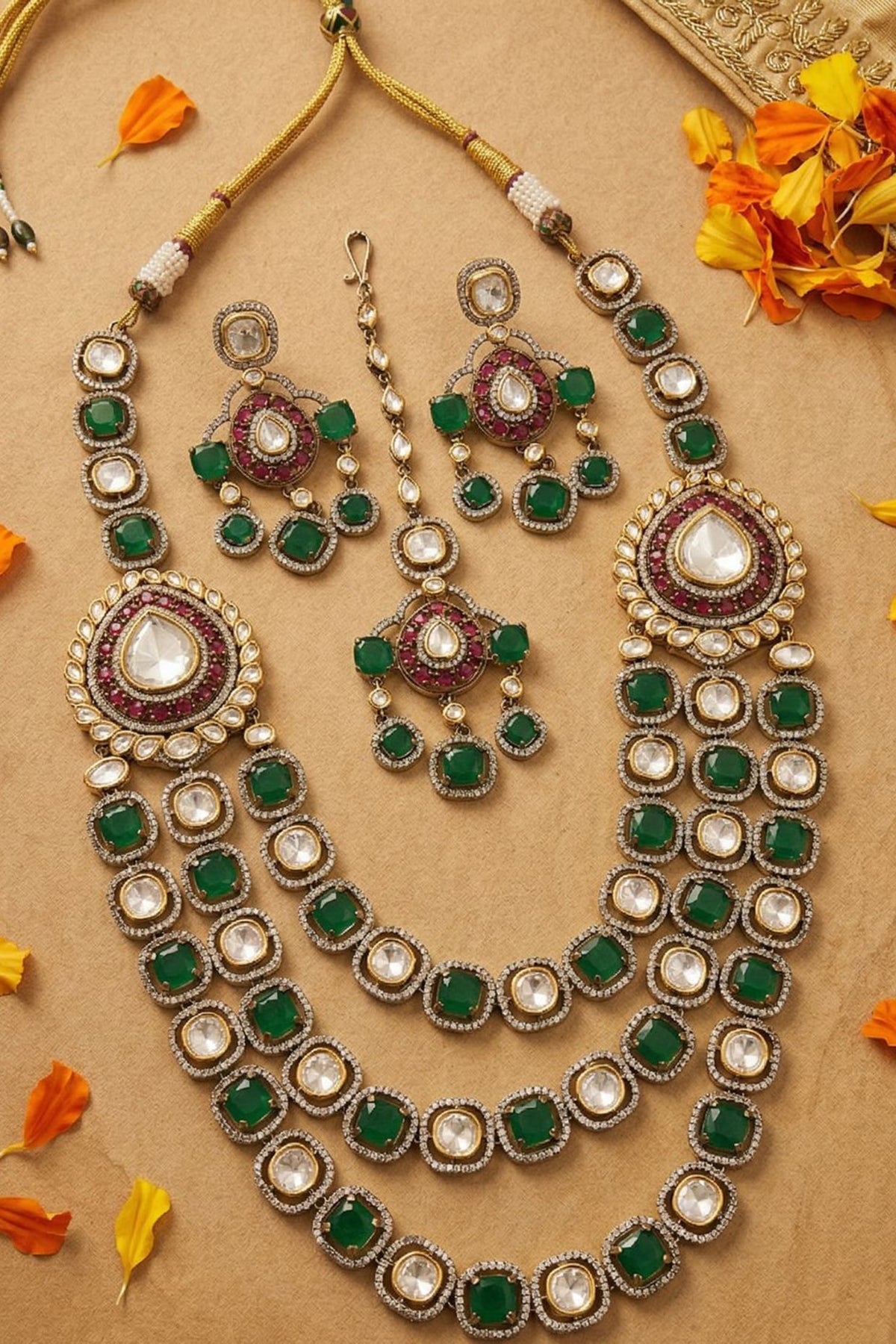 Victorian Finish Kundan Polki & Green Doublet Stone Layered Necklace Set