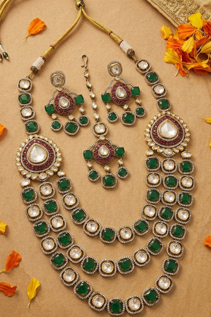 Victorian Finish Kundan Polki & Green Doublet Stone Layered Necklace Set