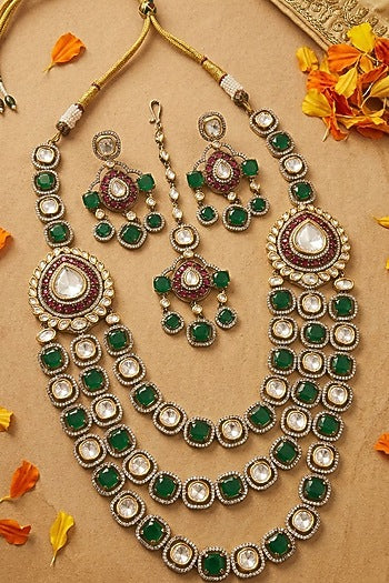 Victorian Finish Kundan Polki & Green Doublet Stone Layered Necklace Set