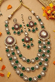 Victorian Finish Kundan Polki & Green Doublet Stone Layered Necklace Set