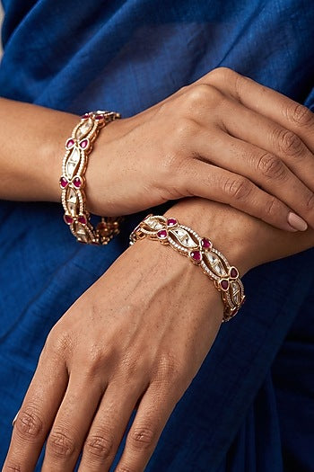 Gold Finish Red Kundan Polki Bangles (Set Of 2)