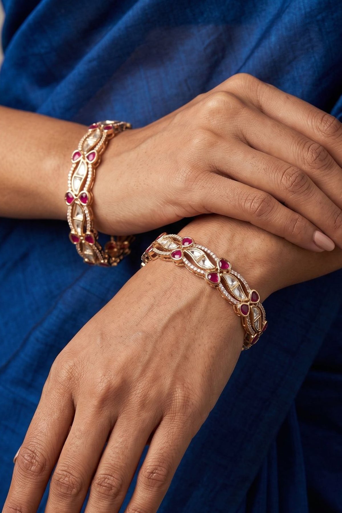 Gold Finish Red Kundan Polki Bangles (Set Of 2)