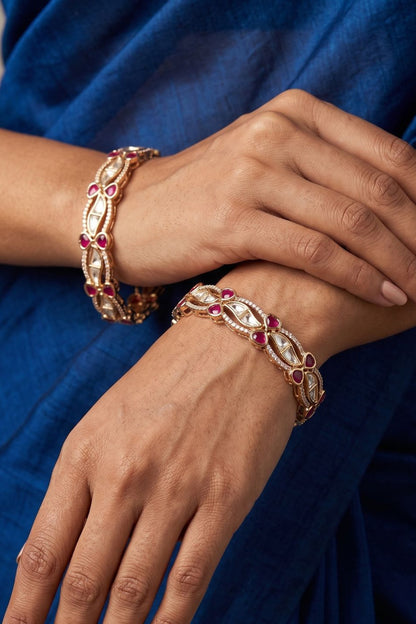 Gold Finish Red Kundan Polki Bangles (Set Of 2)