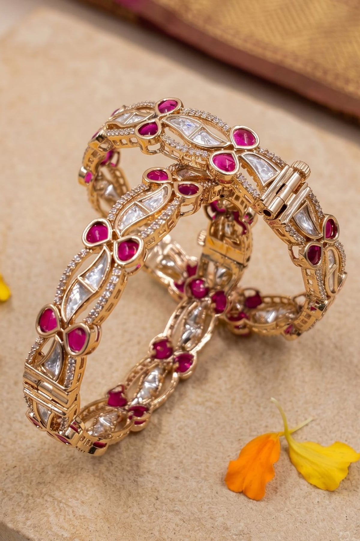 Gold Finish Red Kundan Polki Bangles (Set Of 2)