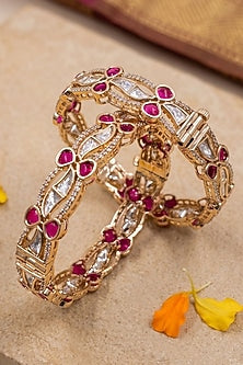 Gold Finish Red Kundan Polki Bangles (Set Of 2)