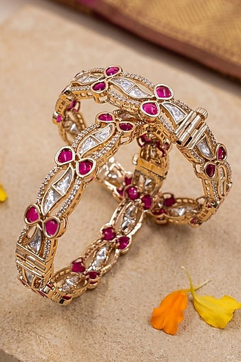 Gold Finish Red Kundan Polki Bangles (Set Of 2)