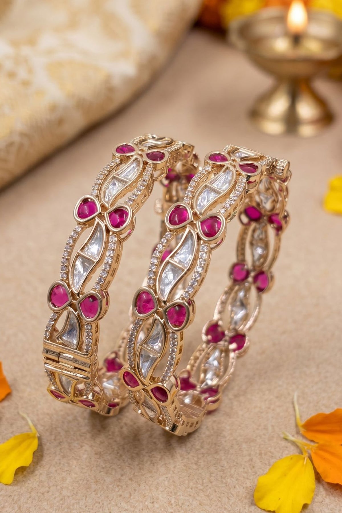 Gold Finish Red Kundan Polki Bangles (Set Of 2)