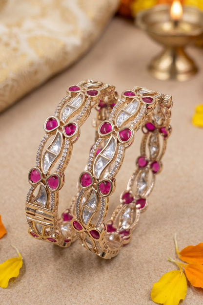 Gold Finish Red Kundan Polki Bangles (Set Of 2)