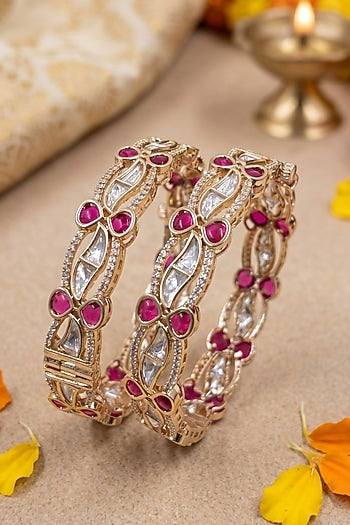 Gold Finish Red Kundan Polki Bangles (Set Of 2)