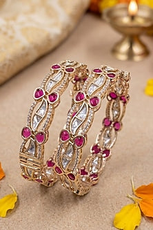 Gold Finish Red Kundan Polki Bangles (Set Of 2)