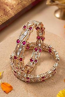 Gold Finish Red Kundan Polki Bangles (Set Of 2)