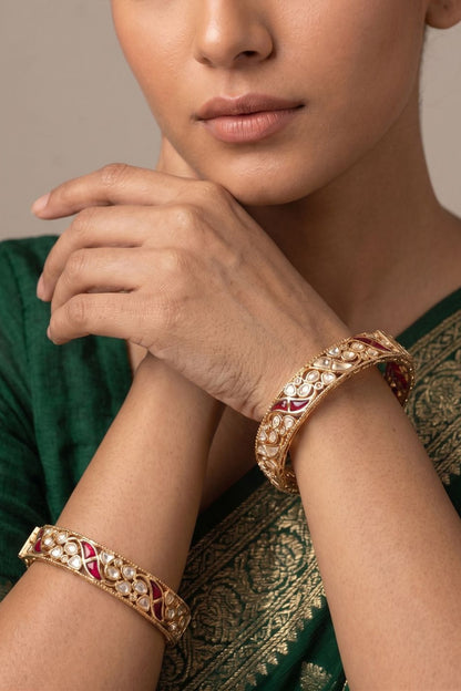 Gold Finish Red Kundan Polki Bangles (Set Of 2)