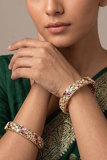 Gold Finish Red Kundan Polki Bangles (Set Of 2)