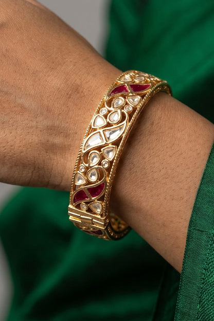 Gold Finish Red Kundan Polki Bangles (Set Of 2)