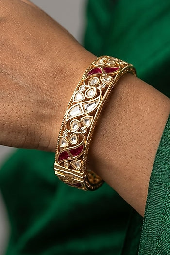 Gold Finish Red Kundan Polki Bangles (Set Of 2)