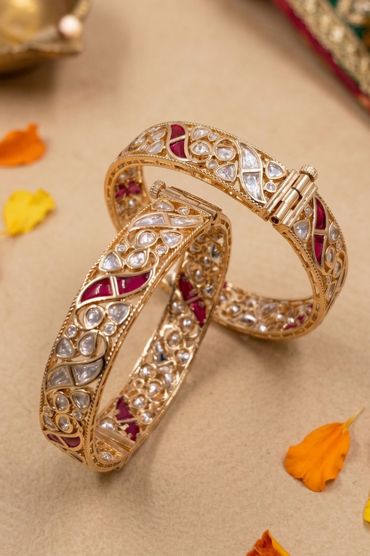 Gold Finish Red Kundan Polki Bangles (Set Of 2)
