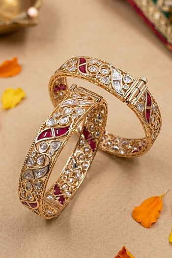 Gold Finish Red Kundan Polki Bangles (Set Of 2)
