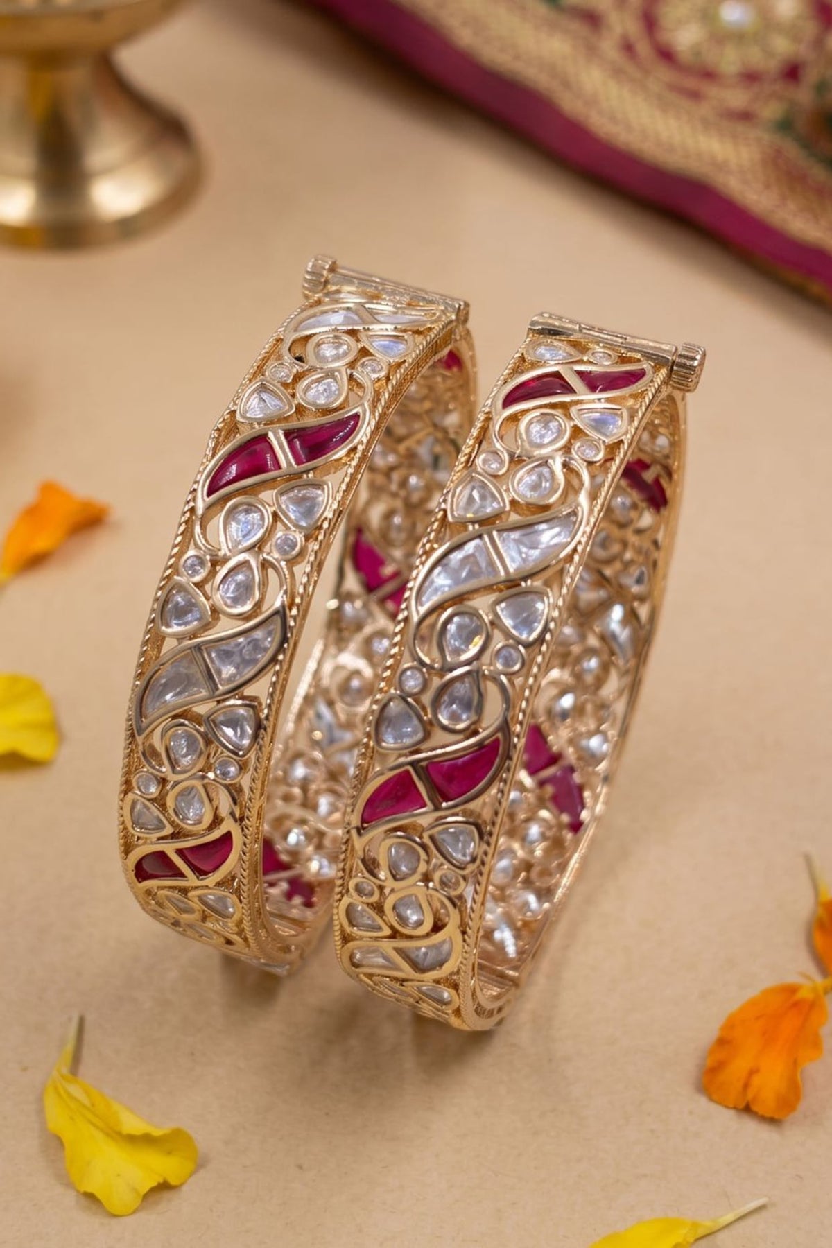 Gold Finish Red Kundan Polki Bangles (Set Of 2)