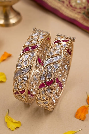 Gold Finish Red Kundan Polki Bangles (Set Of 2)