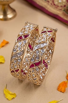 Gold Finish Red Kundan Polki Bangles (Set Of 2)