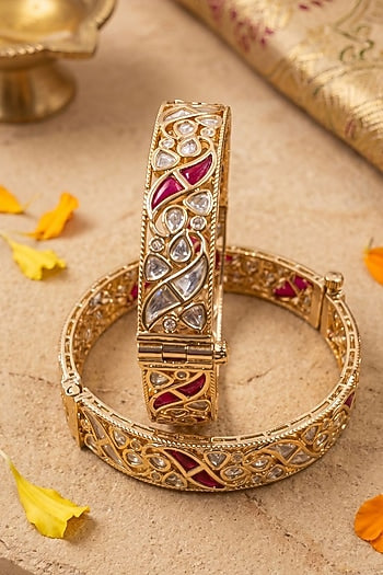 Gold Finish Red Kundan Polki Bangles (Set Of 2)