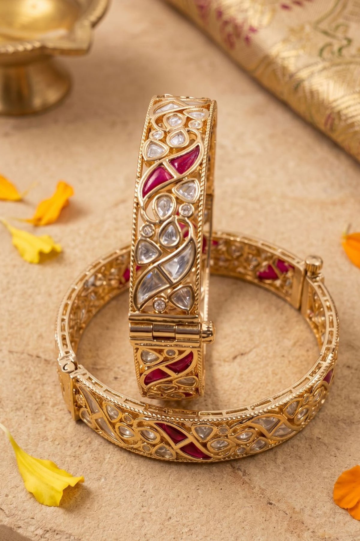 Gold Finish Red Kundan Polki Bangles (Set Of 2)