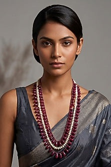 Gold Finish Ruby Beaded Layered Necklace
