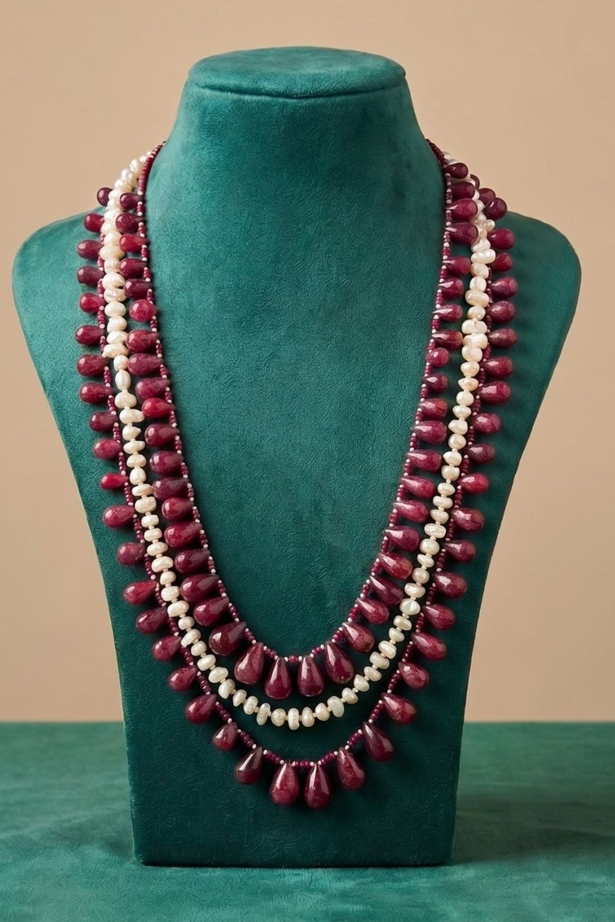 Gold Finish Ruby Beaded Layered Necklace